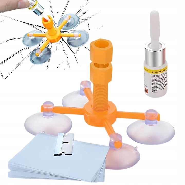 Kit reparatie parbriz auto cu adeziv pentru ciobituri si crapaturi, set complet cu rasina, aplicator cu ventuza, folie de polimerizare si lama de curatat, reparatie rapida si usoara sticla auto