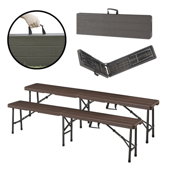 Set 2 bucati banca pliabila, en.casa, PXBL-0010 Lillestrom, 180 x 25 x 43 cm, metal, plastic, maro inchis, efect lemn