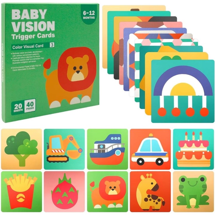 Set 20 Carduri Baby Vision de stimulare vizuala pentru bebelusi, 6-12 luni