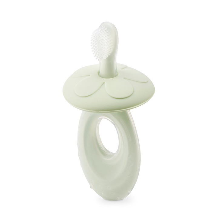 Четка за зъби за бебета 6+ месеца от хранителен силикон - меки влакна, защита против задавяне, ергономична дръжка, кутия за съхранение - Додоли, Зелен