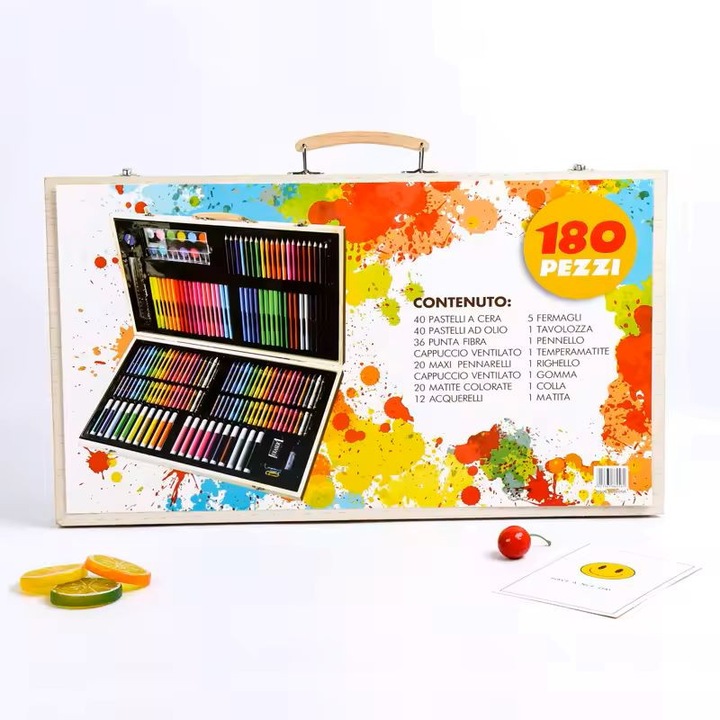 Set pentru desen, 180 de piese, pasteli multicolore cu pigment premium, creioane pentru artă, cutie de depozitare din lemn