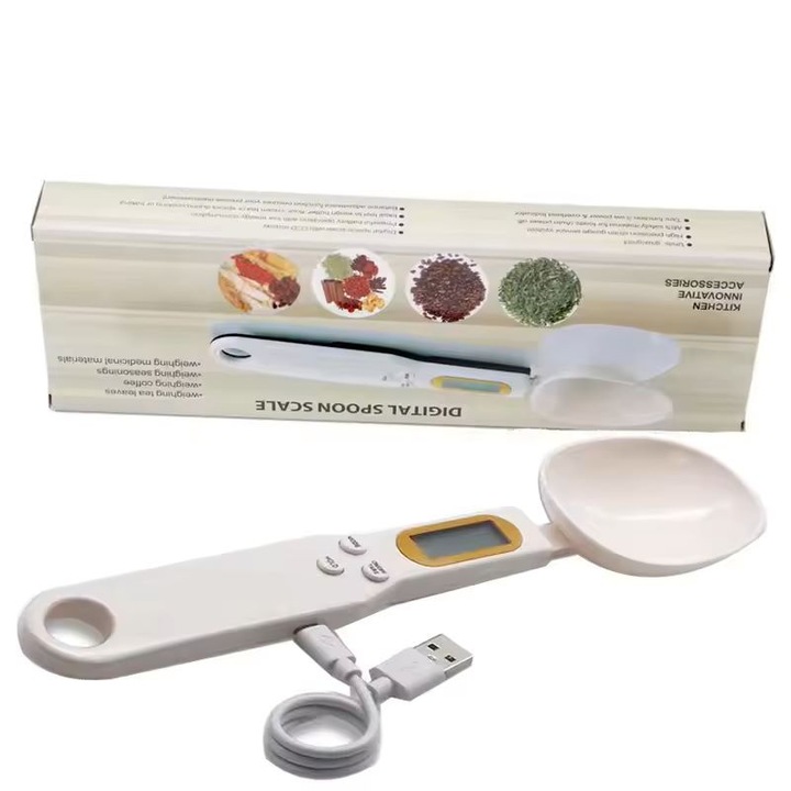 Lingura electronica de cantarire pentru bucatarie, 0,5 g ~ 500 g, afisaj LCD de inalta precizie, baterie tip buton, lingura de masurat pentru condimente alimentare, alba, material ABS
