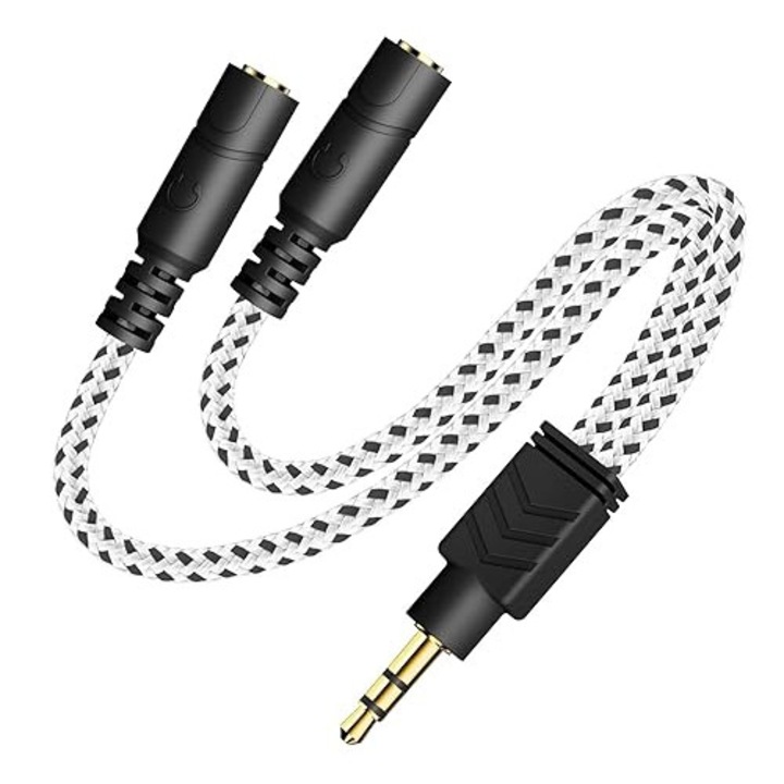 Splitter pentru casti Mingzhi, cablu audio 3.5mm, alb zebra