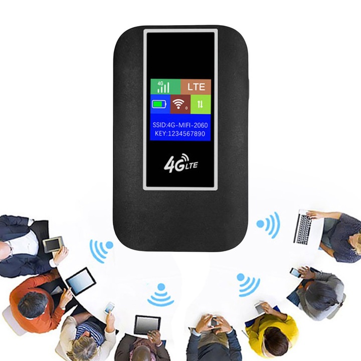 Modem WIFI de buzunar 4G LTE, ambrasmart, Cu baterie si sloturi de card, Conexiune multipla, Ecran LCD, Type C, Negru, BIGLISTENING®