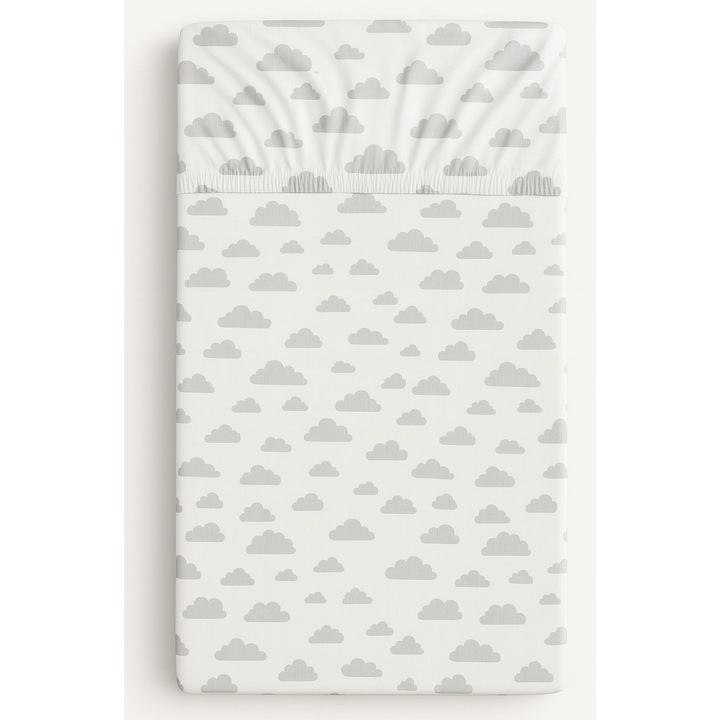 Памучен чаршаф с ластик за бебешко легло, My Sweet Baby, 120x60 см, модел с облачета, бял/сив