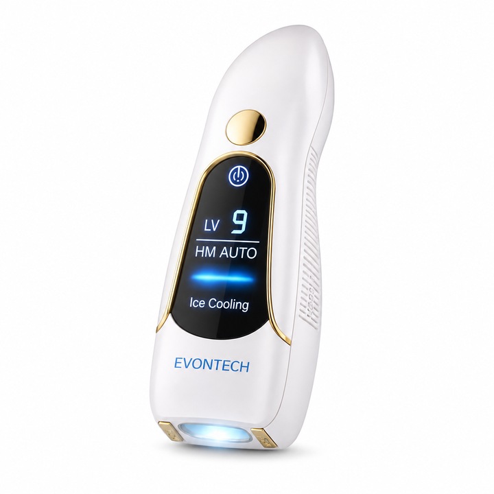 Epilator IPL EVONTECH® cu Ice-Cooling, epilare fara durere, 9 niveluri de intensitate, mod manual si automat, reducere permanenta a parului – fata, corp, axila, zona bikini, pentru femei si barbati