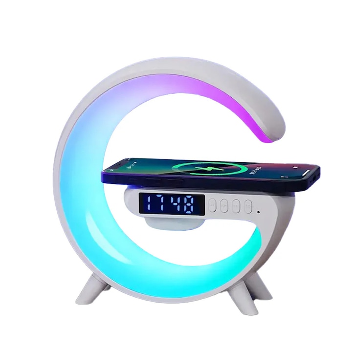 Lampa decorativa multifunctionala cu incarcare wireless 15W, ceas, alarma si boxa bluetooth, lumina ambientala multicolora, incarcare USB, slot card TF, alb