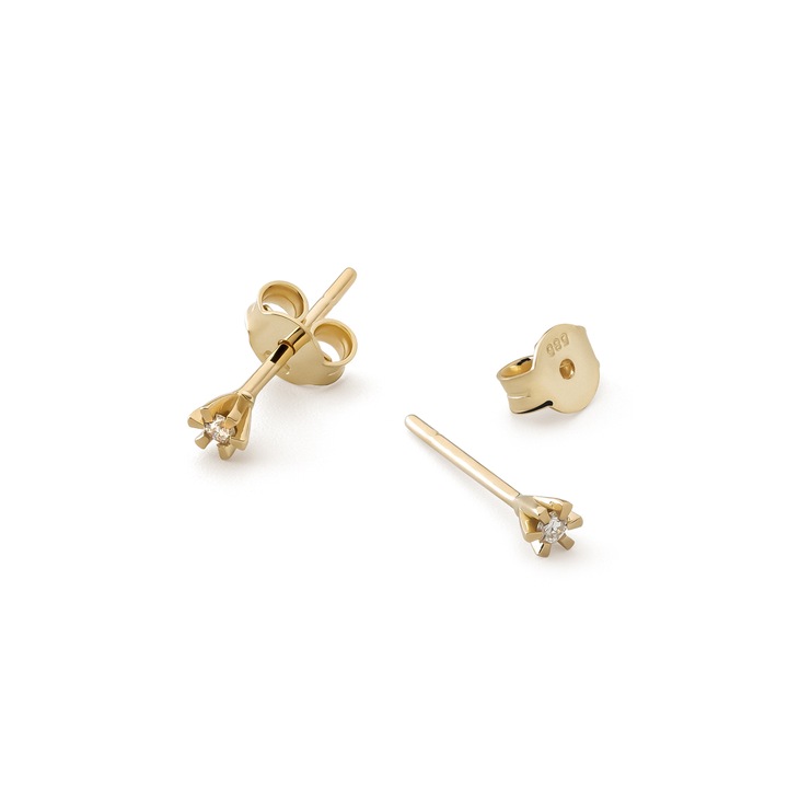 Cercei mici cu surub din aur galben 585 (14K) cu diamant, model minimalist 3 mm, eleganti si rafinati, Giorre