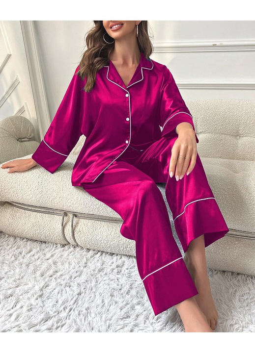 HIDARLING szatén női pizsama, hosszú ujjú blúz és hosszú nadrág, Piros