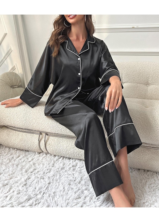 HIDARLING szatén női pizsama, hosszú ujjú blúz és hosszú nadrág, Fekete