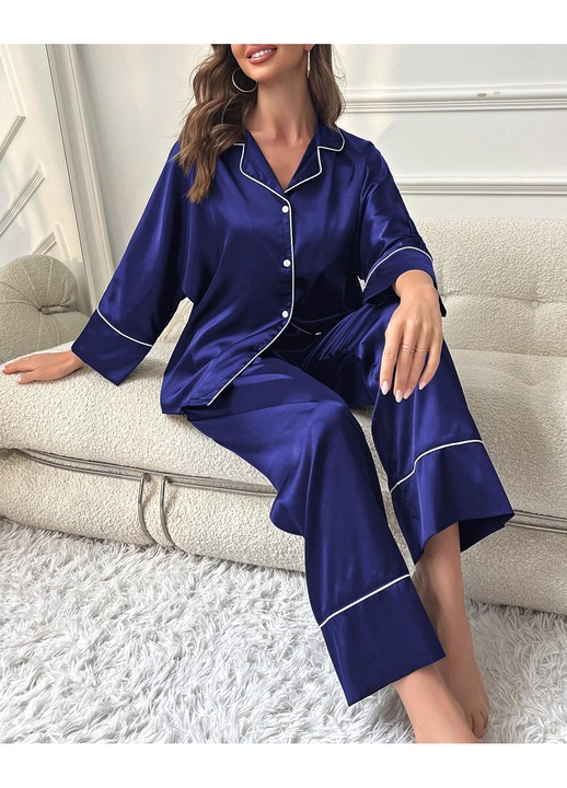 Pijama dama satin HIDARLING, satin moale, bluza cu maneca lunga si pantaloni lungi, model cu nasturi, Bleumarin, S