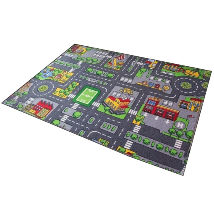 Covor joc pentru copii, Luoistu, oras trafic rutier, 100x140cm, gri, sigur pentru camera