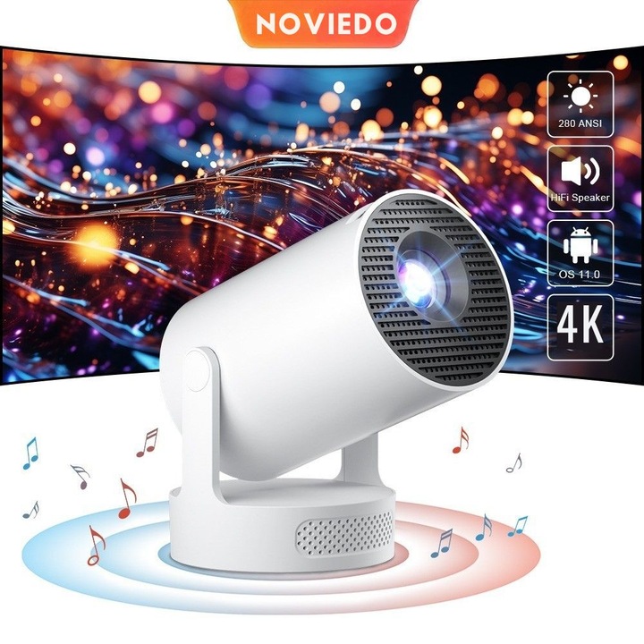 Videoproiector portabil ultra compact ArKode™ AtomX Air, Android 16，Wi-Fi 6, bluetooth 5.4, silentios, rezolutie 1920 x 1080 fullHD, suport 2K 4K, conexiune HDMI, USB si Mirroring Android/IOS, oscilare 360 grade, Suport detasabil Telecomanda baterii, Alb