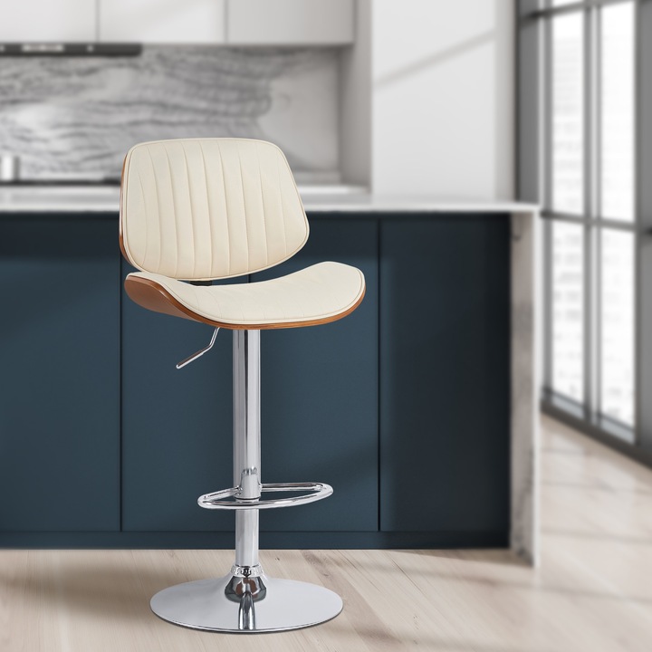 Scaun de bar Clawson, piele ecologica, crom nuca/smantana