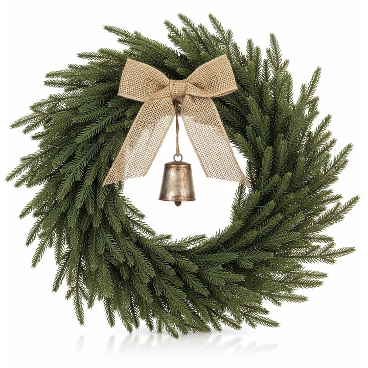 Coronita de Craciun 60cm cu verdeata, funda din burlap si clopotel