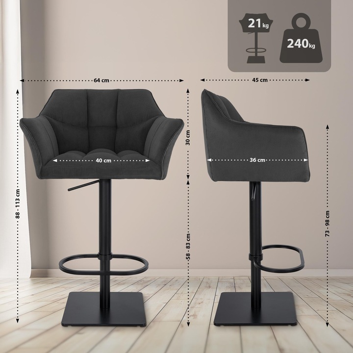 Scaun de bar Damaso B Cord gri inchis