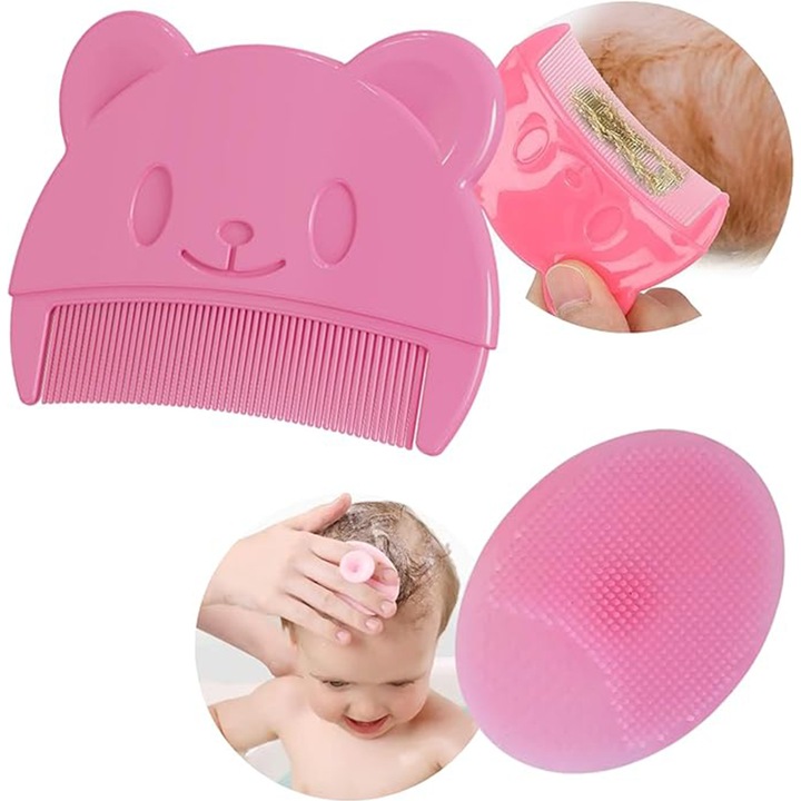 Четка за баня и Гребен за бебета за отстраняване на крусти AYSTOAYS®, Силикон, лесна за почистване, Много безопасна, Безболезнена, Розов