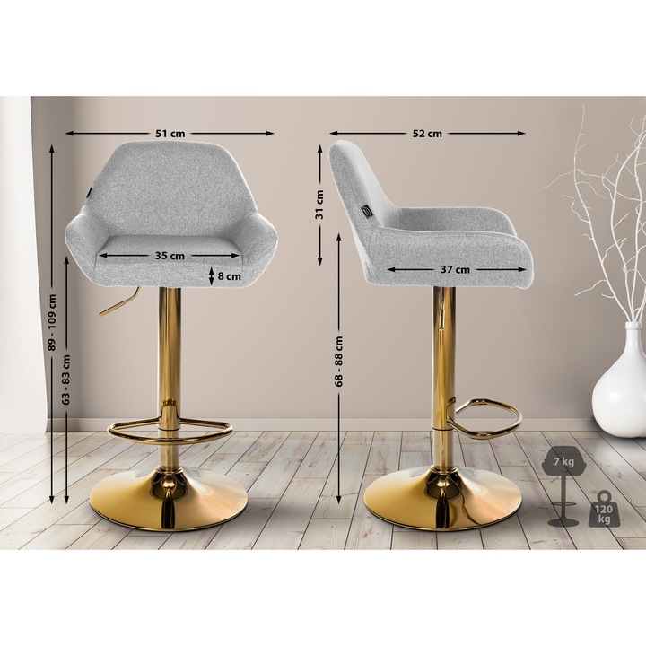 Scaun de bar Braga, material textil auriu gri