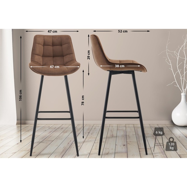 Set de 2 scaune de bar din catifea Dartford maro