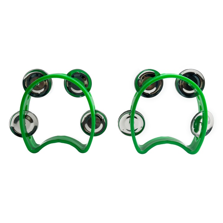 Készlet 2 kézi tamburin, ütőhangszerek, műanyag és fém, 10x9,5cm, korai oktatáshoz, zöld