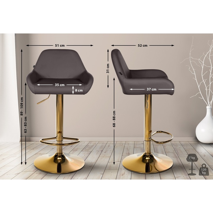 Set de 2 scaune de bar Braga Gold din piele ecologica maro