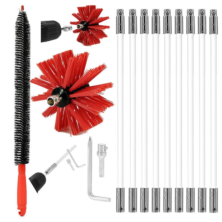 Kit de curatare cos de fum, Klenzo®，13 bucati, cu perie, conector de foraj, pentru horn, sobe, centrale termice, seminee