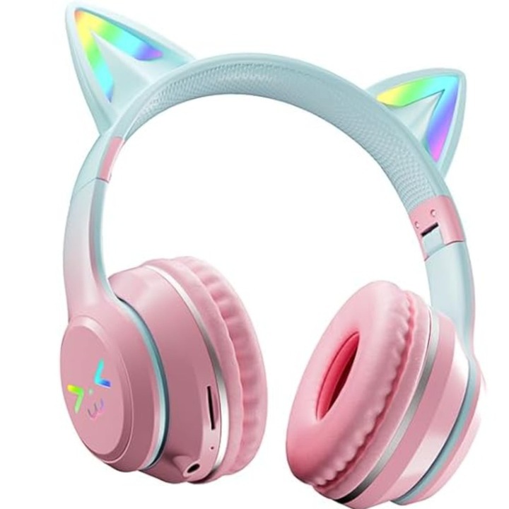 Vezeték nélküli gyerek fejhallgató macskafülekkel, összecsukható, szórakoztató RGB LED-ek, Bluetooth, HD mikrofon, FM rádió, kártyahely, hangerővédelem gyerekeknek, AUX kábelcsatlakozás, HIFI hang, rózsaszín