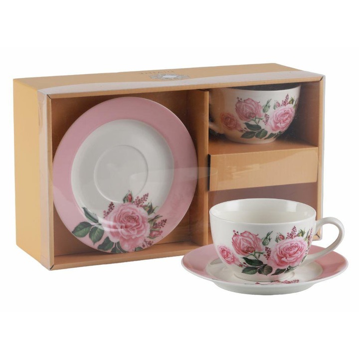 Set cani ceramice cu farfurii Feniks Divine 250 ml, flori, 2 bucati