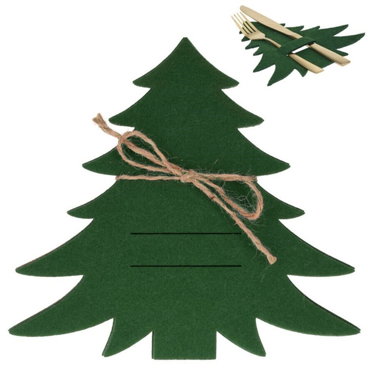 Комплект 4 калъфа за прибори за Коледа, VILDE, зелен, 20x18см, форма на елха