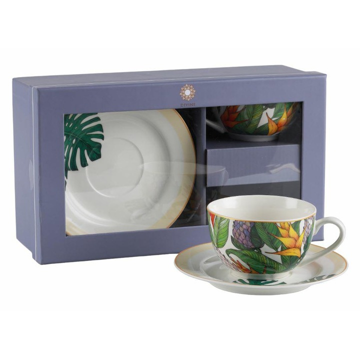 Set cani ceramice cu farfurii Feniks Divine, 250 ml, flori, 2 bucati