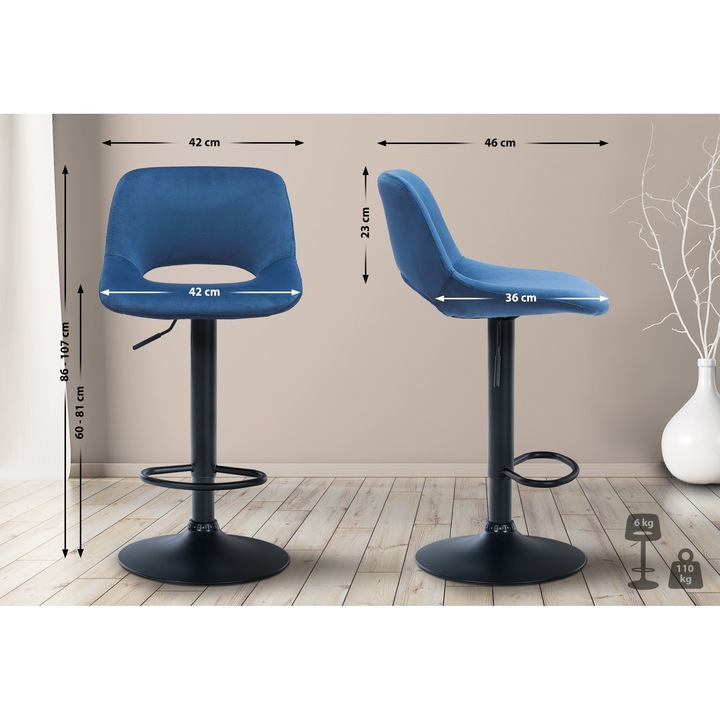 Set de 2 scaune de bar Camden din catifea neagra albastru