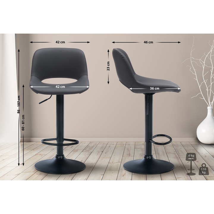 Scaun de bar Camden, piele ecologica neagra negru