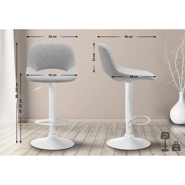 Set de 2 scaune de bar Camden din material textil alb gri deschis