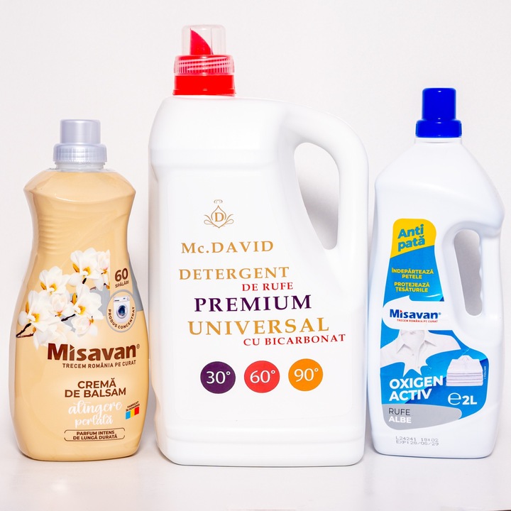 3 professzionális tisztítószer csomag, Mr. David 5l mosószer, Misavan balzsamkrém, Misavan Aktív Oxigén folteltávolító