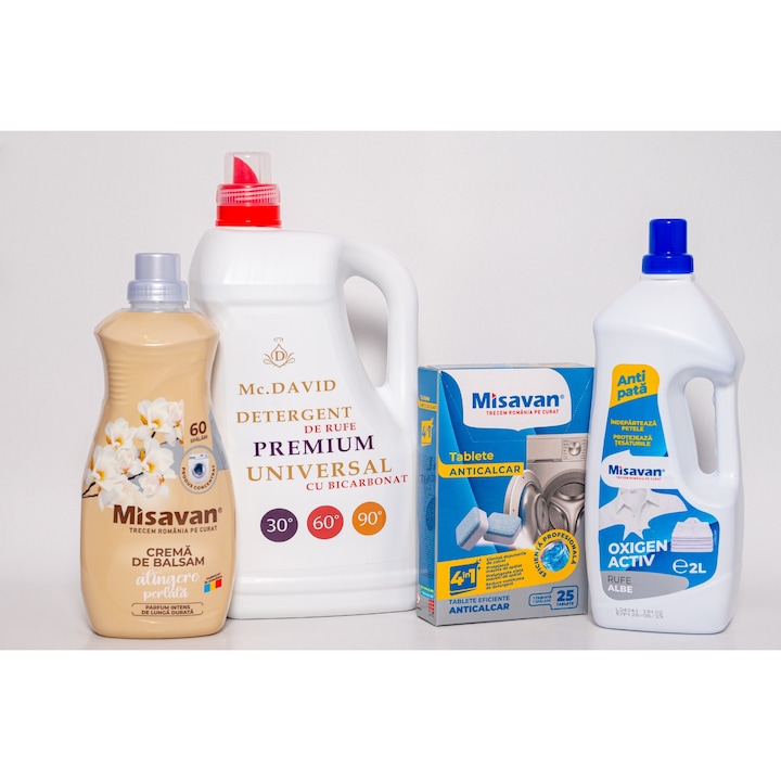 4 professzionális tisztítószer csomag, Mr. David 5l mosószer, Misavan balzsamkrém, Misavan folteltávolító, Misavan vízkőoldó tabletta