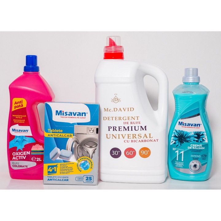 4 professzionális tisztítószer csomag, Mr. David 5l mosószer, Misavan balzsamkrém, Misavan Aktív Oxigén folttisztító, Misavan vízkőoldó tabletták