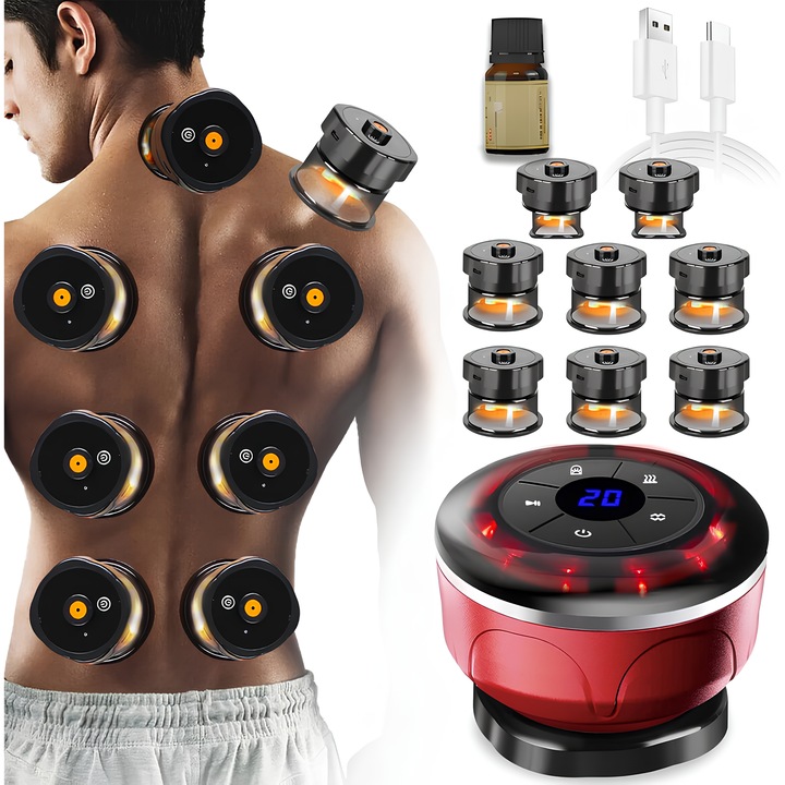 Aparat pentru Masaj Profesional Tip Ventuza KINX, 8 Ventuze Detasabile, Terapie Vacuum Anticelulitica, Detoxifiere si Stimulare Circulatie, Lumina Rosie si Albastra, 12 Nivele Intensitate, Autonomie 70 min, Recuperare Musculara, Relaxare, Detensionare