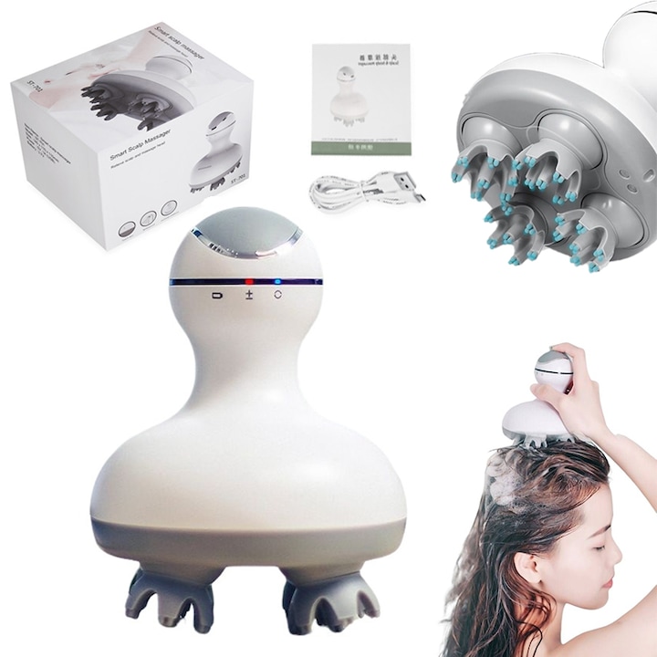 Aparat Masaj Cap Head Relax,10 Tentacule Silicone,3 Moduri Masaj Scalp, Incarcare USB, Relaxare Profunda, Pentru Acasa si Birou, Alb