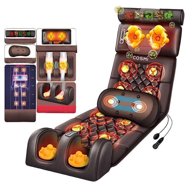 Шиацу масажна подложка 5 в 1 за цялостен масаж, с отопление и вибрация, 4 подвижни части, дистанционно управление, за стол, легло, кола, черен