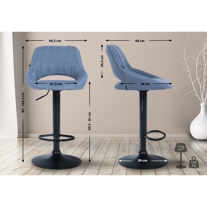 Scaun de bar Milet din material textil negru albastru