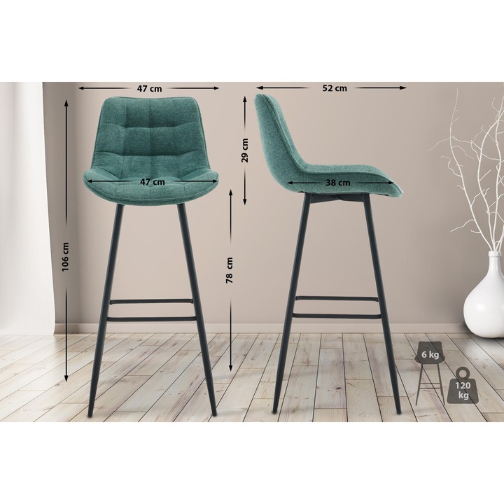 Set de 2 scaune de bar din material textil Dartford verde