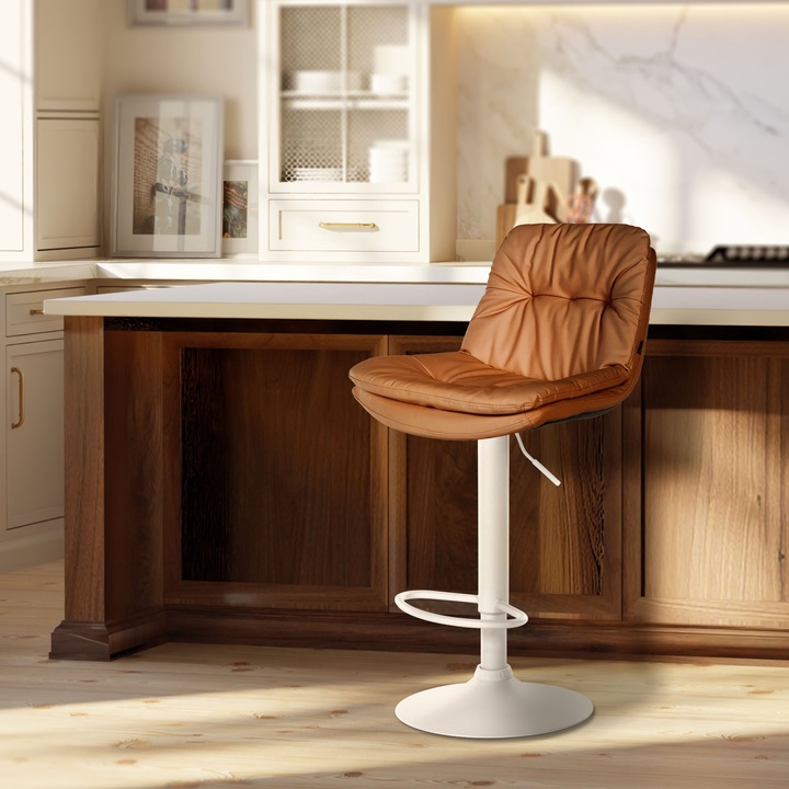 Scaun de bar Laurel, piele ecologica alba maro deschis