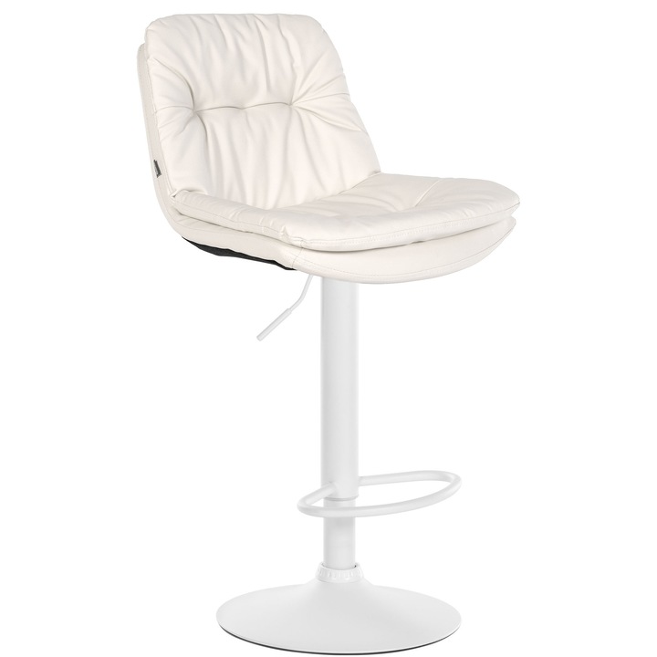 Scaun de bar, LMN, piele ecologică, alb, reglabil pe înălțime, rotativ, 46x54cm, 92-113cm
