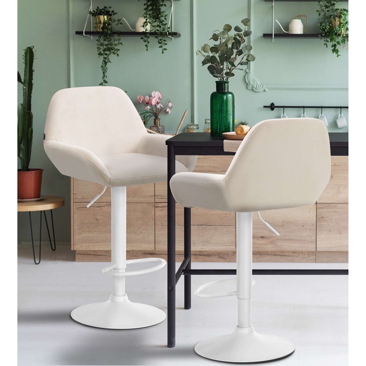 Scaun de bar Paal Braga, catifea alba crema, inaltime ajustabila, sezut rotativ 360, 51x52cm