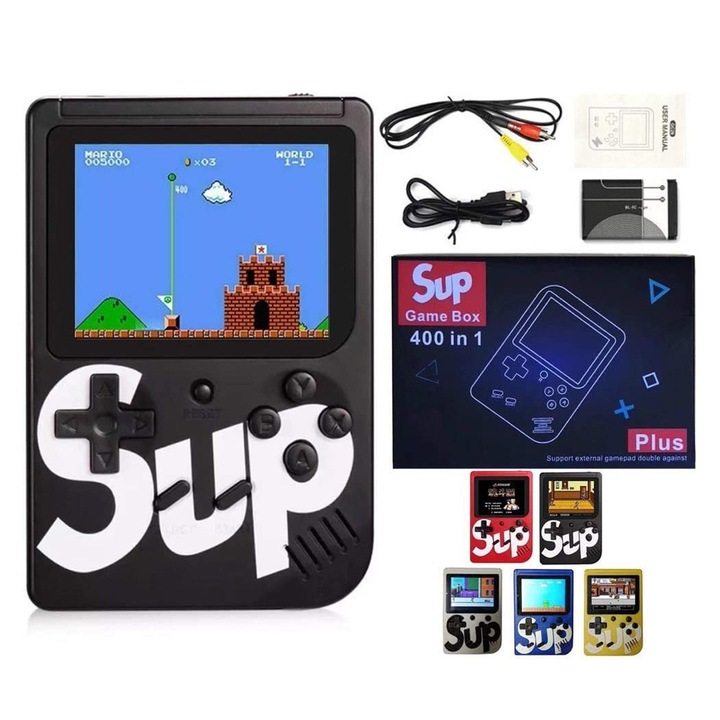 Consola 400 jocuri clasice (Mario, Pac-Mac, Contra, etc), portabila ANGMAD, display 2.8 inch, baterie 1050mAh, conectare TV, culoare: negru, varsta min. recomandata 3ani+