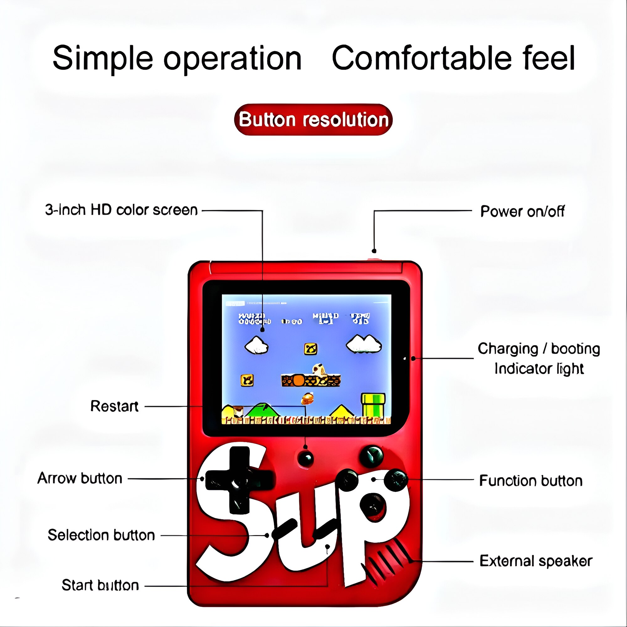 Consola portabila 400 jocuri clasice (Mario, Pac-Mac, Contra, etc), portabila ANGMAD, display 2.8 inch, baterie 1050mAh, conectare TV, culoare: alb, varsta min. recomandata 3ani+
