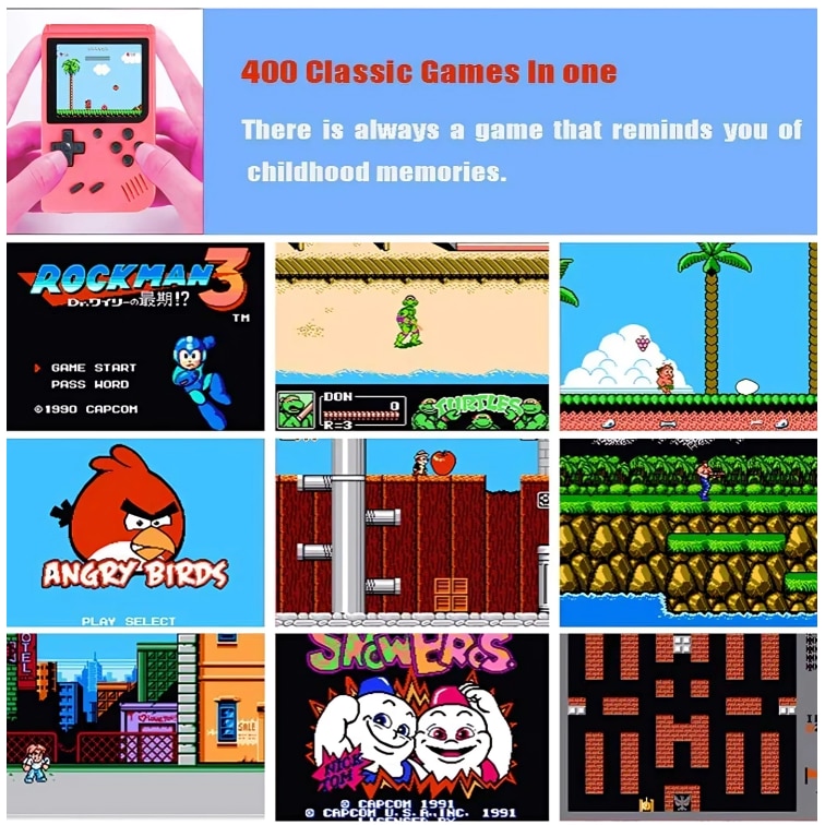 Consola portabila 400 jocuri clasice (Mario, Pac-Mac, Contra, etc), portabila ANGMAD, display 2.8 inch, baterie 1050mAh, conectare TV, culoare: alb, varsta min. recomandata 3ani+