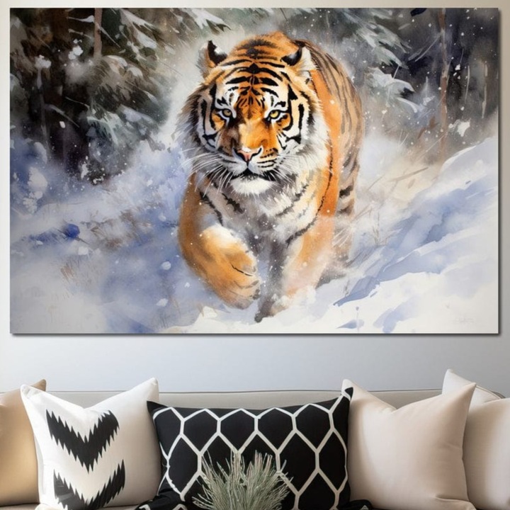 Картина, LuxCanva M1436, Кралят на Снежната Буря, 80 X 120 СМ, 100% Памучно Платно 400гр/м2, Дървена Рамка, Тигър, Зима, Сняг, Виелица, Скални Образувания, Дива Природа, Лов, Арктика, Динамичен, Офис, Всекидневна, Детска Стая