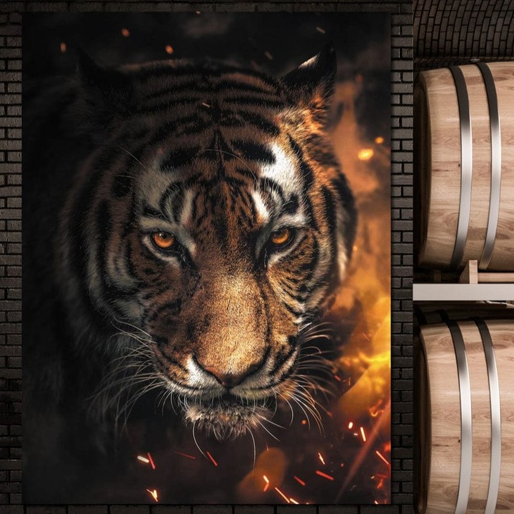 Tablou Canvas Premium, LuxCanva® M1440, Printre Scantei si Umbre, 100 X 135 CM, Panza Bumbac 100% 400g/m2, Sasiu Lemn, Tigru, Ochi, Privire, Foc, Felina, Fiara, Salbatic, Furios, Forta, Scanteie, Intuneric, Birou, Living, Camera Copil