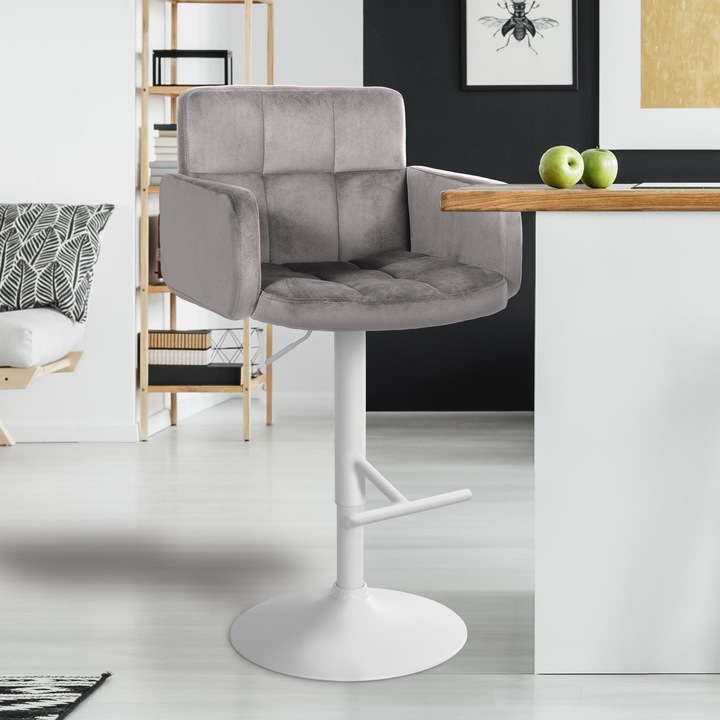 Scaun de bar Los Angeles catifea alba gri